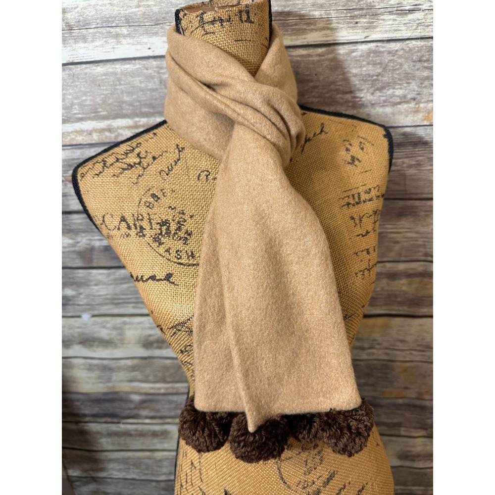Tan Wool Blend Scarf Brown Pom Pom Trim Winter Wrap Rectangle Accessory